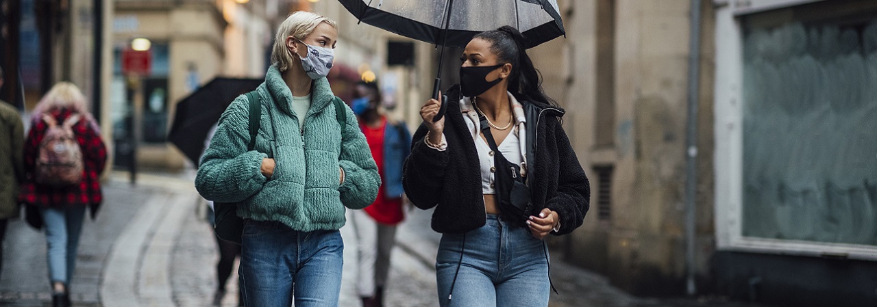 two girls walking with masks
