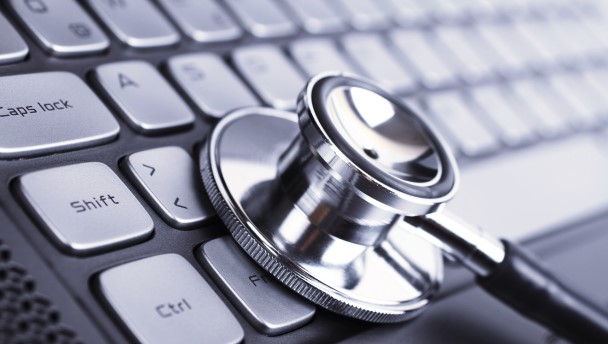 Stethoscope on keyboard. MTS maximizes hospital uptime with expert clinical technology management advice